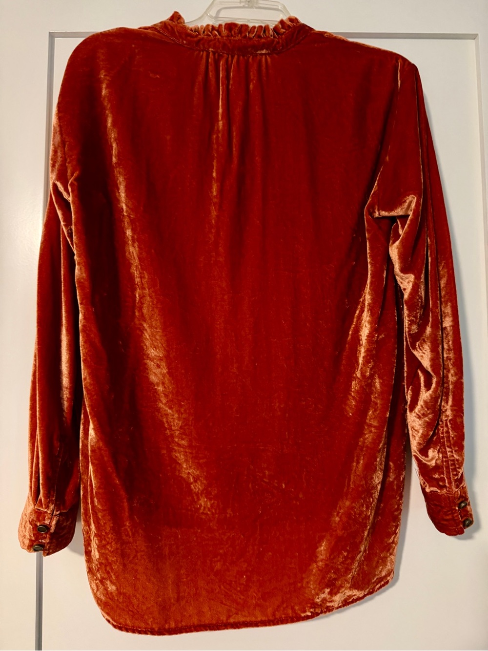 Anthropologie Kristianne Velvet Blouse Ruffle Henley Rust Orange - Size Small - Picture 2 of 4